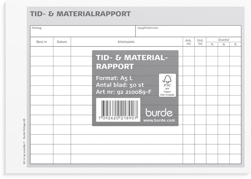 Tid- och materialrapport A5L 50 blad